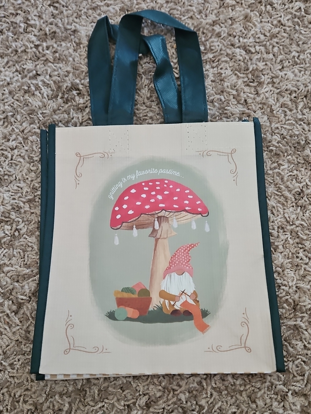Small Whimsical Gnome Tote Bag with Pink Mushroom Design